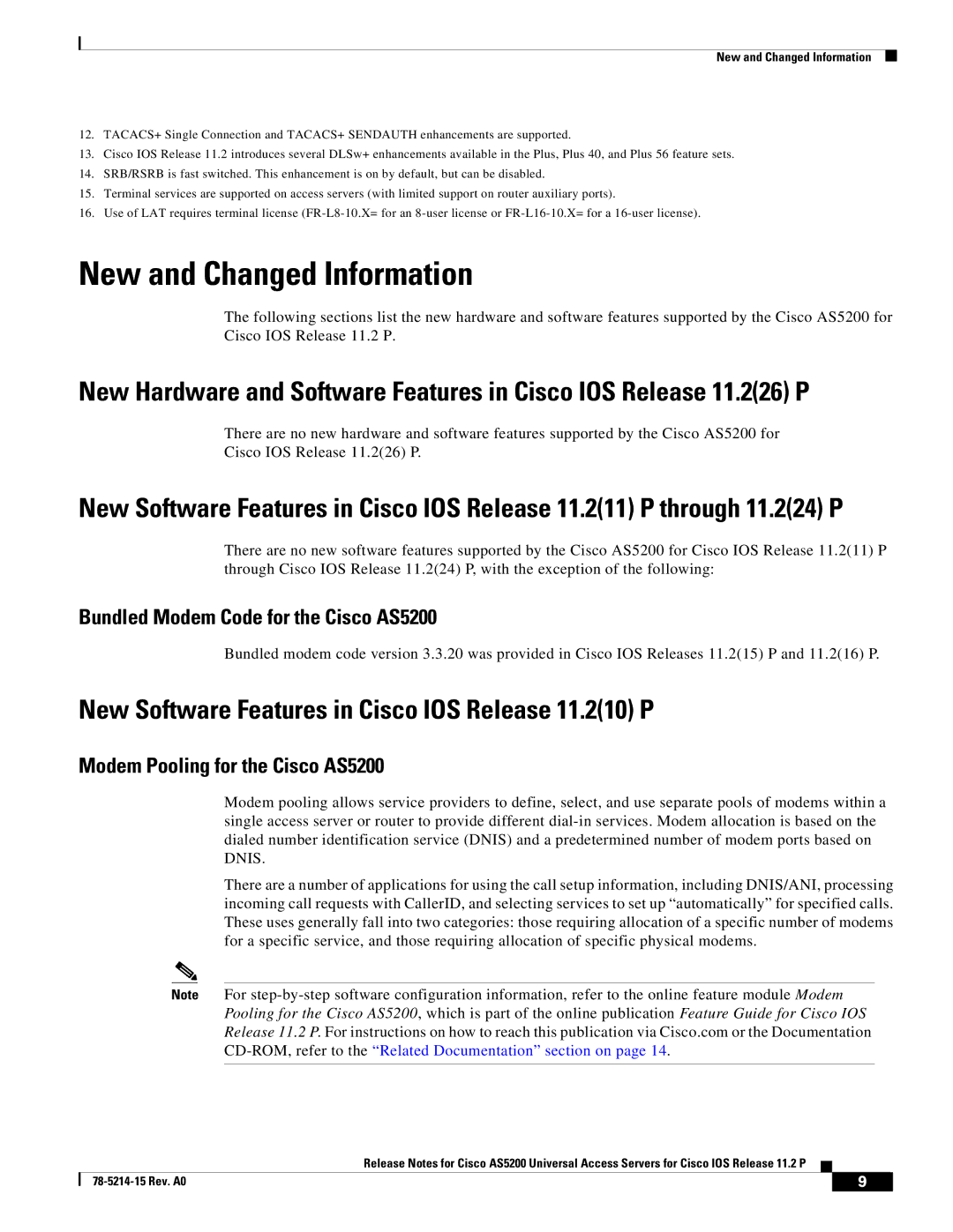 Cisco Systems AS5200 manual New and Changed Information, New Software Features in Cisco IOS Release 11.210 P 