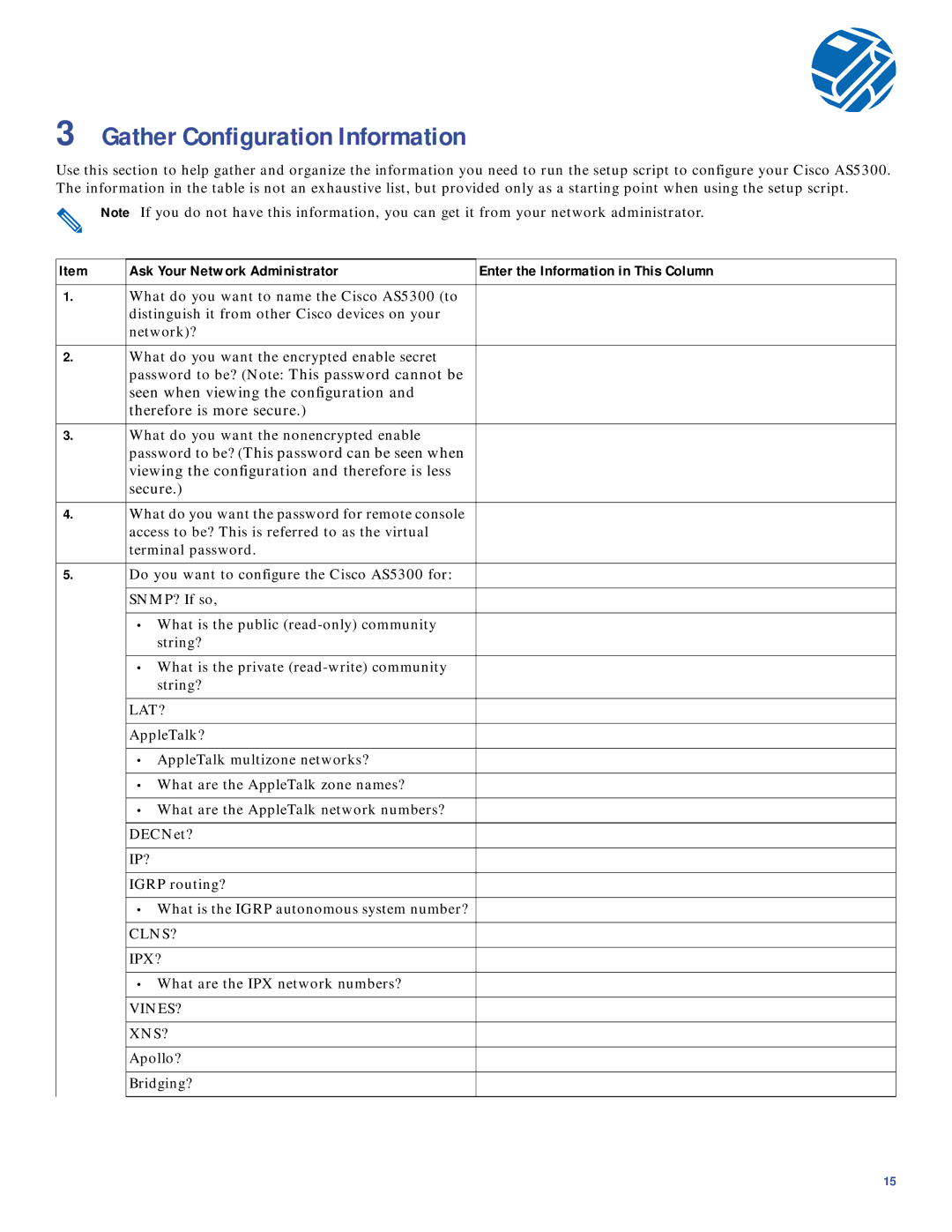 Cisco Systems AS5300 quick start Gather Configuration Information, Ask Your Network Administrator 