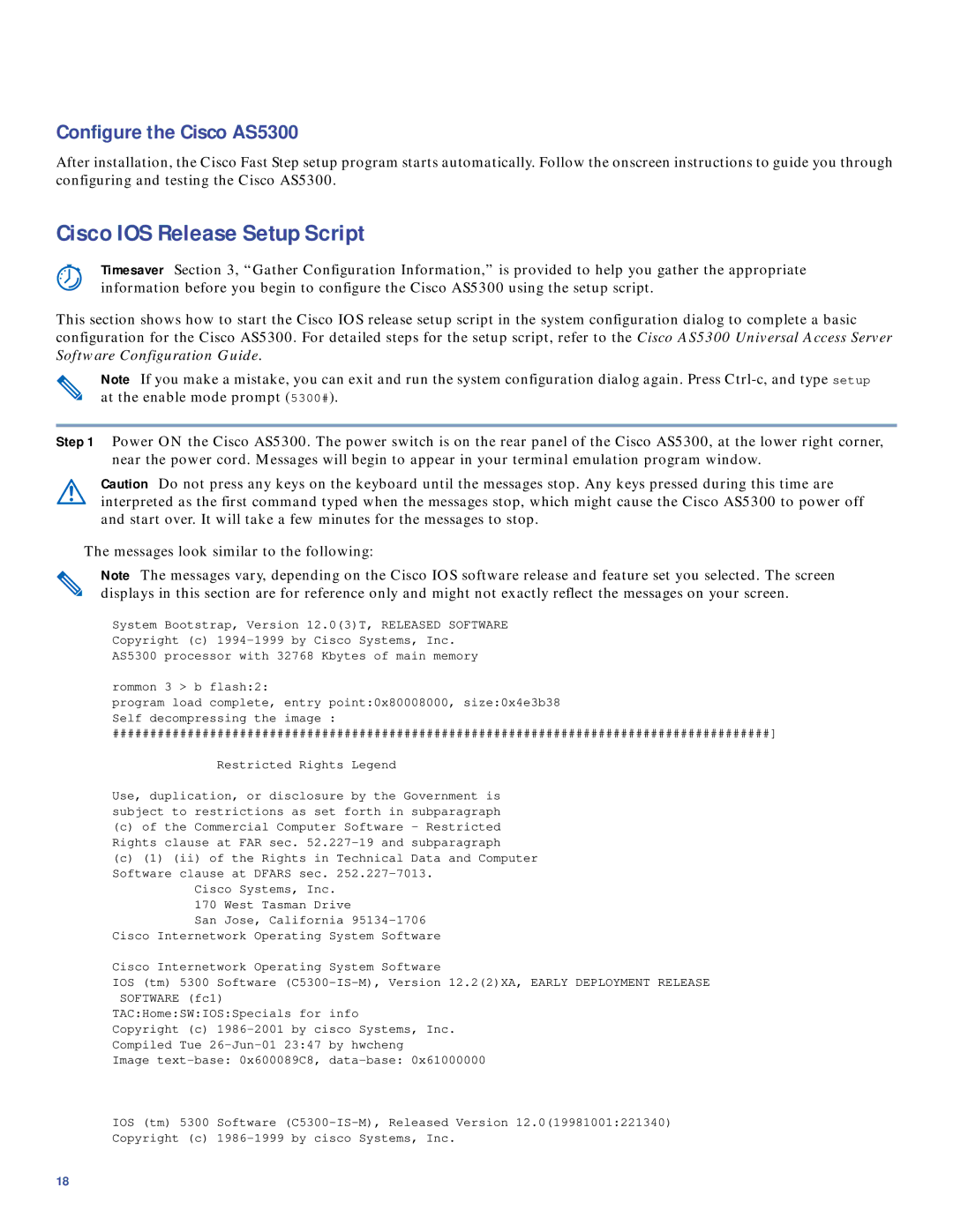 Cisco Systems quick start Cisco IOS Release Setup Script, Configure the Cisco AS5300 