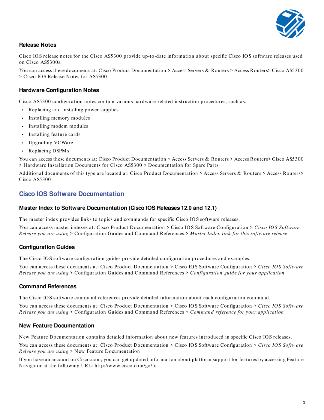 Cisco Systems AS5300 quick start Cisco IOS Software Documentation, Release Notes 