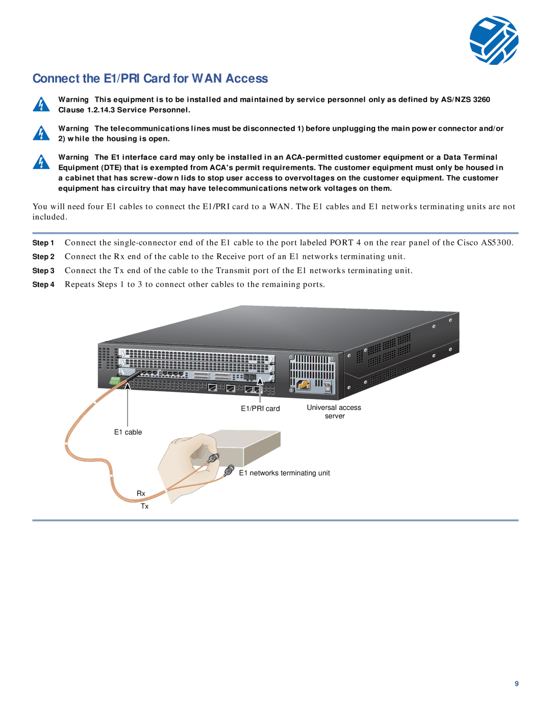 Cisco Systems AS5300 quick start Connect the E1/PRI Card for WAN Access 