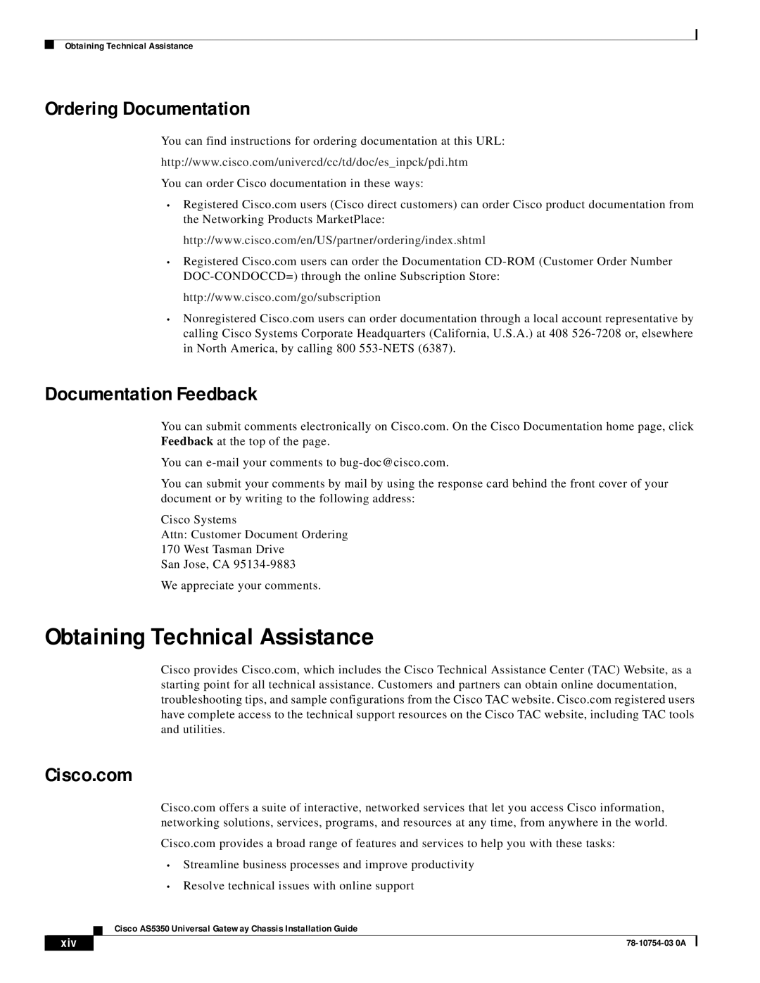 Cisco Systems AS5350 manual Obtaining Technical Assistance, Ordering Documentation, Documentation Feedback, Xiv 