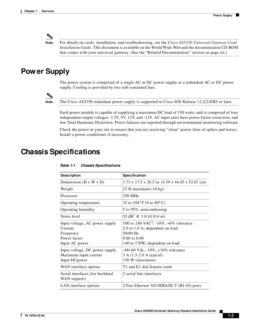 Cisco Systems AS5350 manual Power Supply, Chassis Specifications 