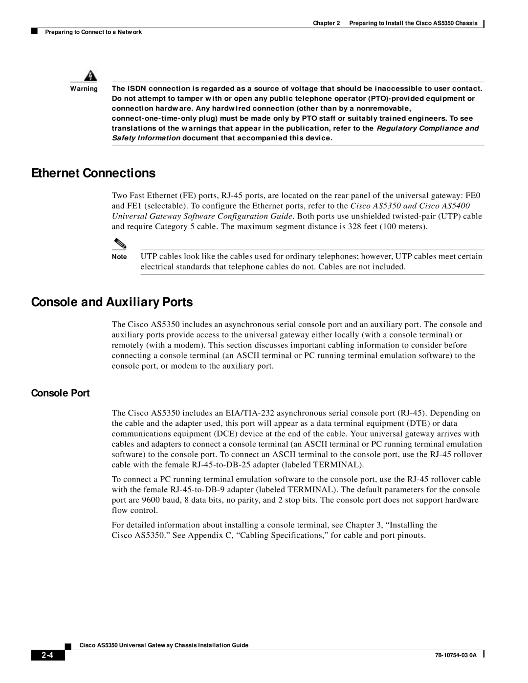 Cisco Systems AS5350 manual Ethernet Connections, Console and Auxiliary Ports 