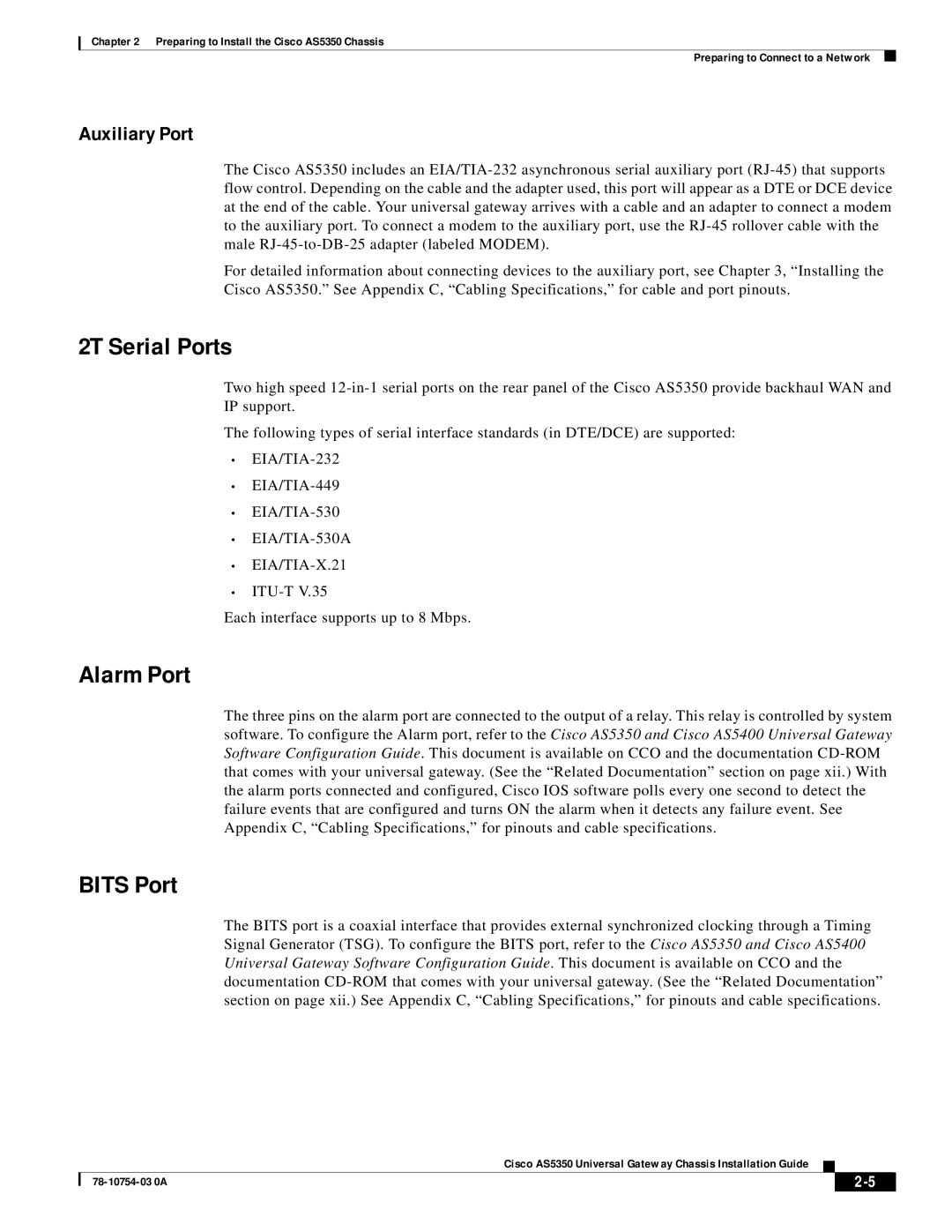 Cisco Systems AS5350 manual 2T Serial Ports, Alarm Port, Bits Port 