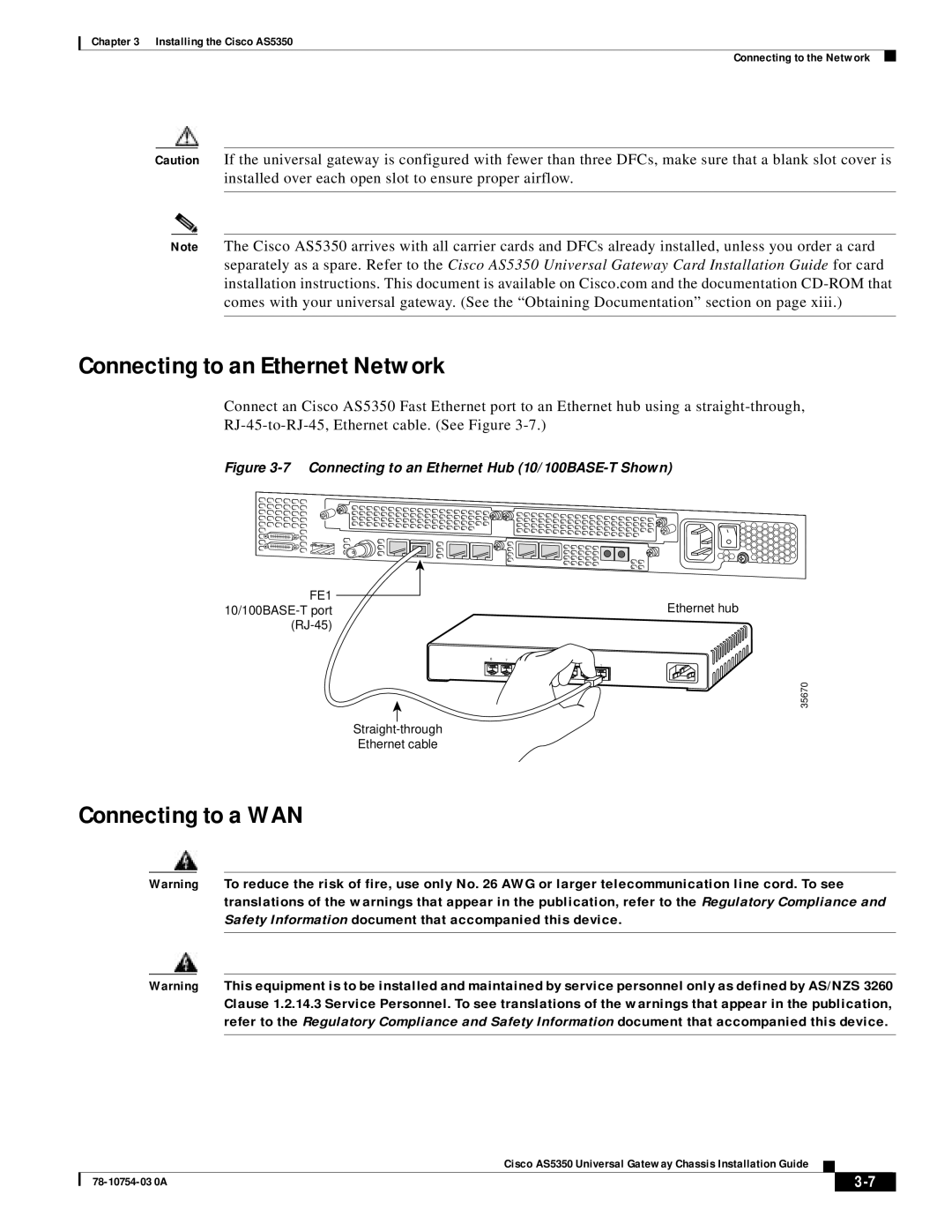 Cisco Systems AS5350 manual Connecting to an Ethernet Network, Connecting to a WAN 