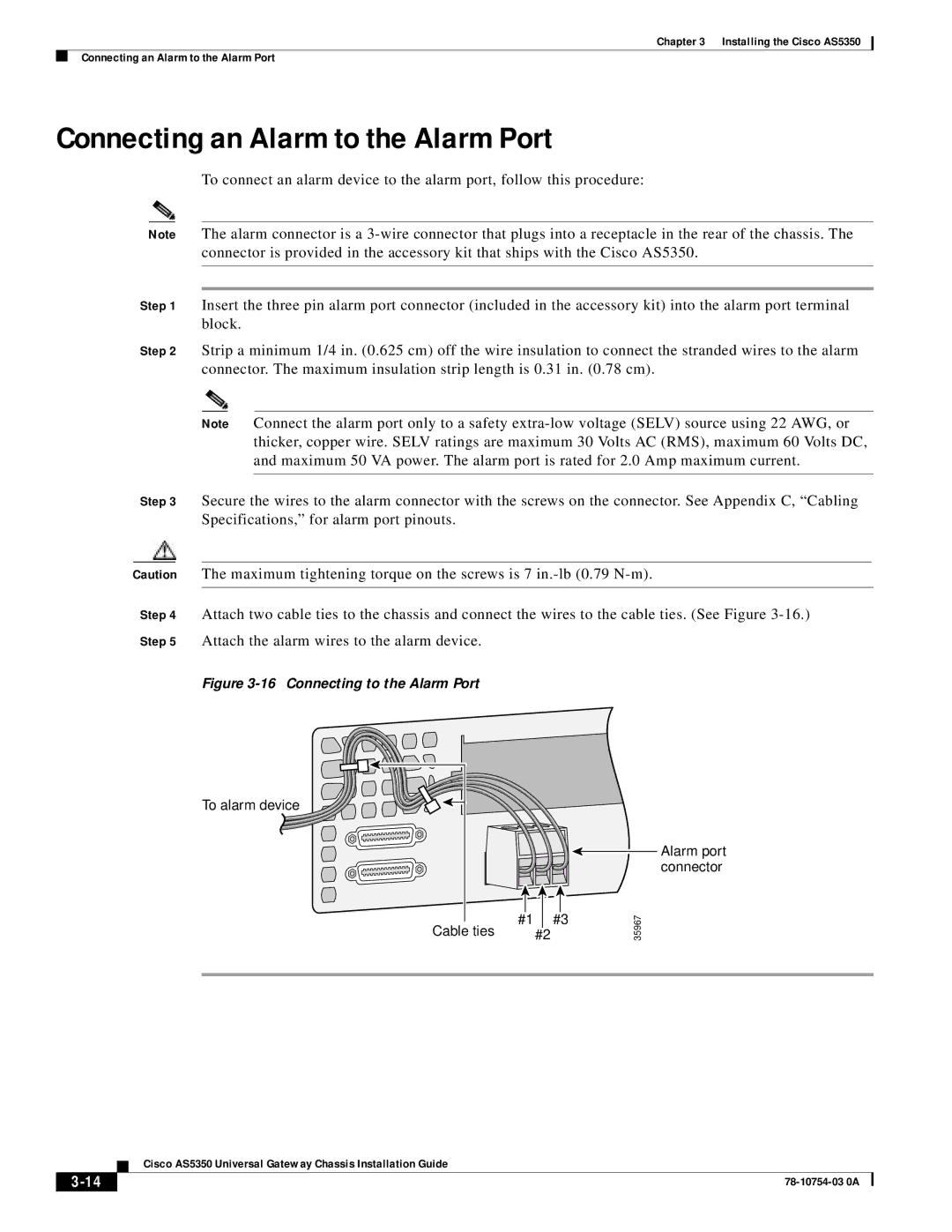 Cisco Systems AS5350 manual Connecting an Alarm to the Alarm Port, To alarm device Cable ties Alarm port connector 