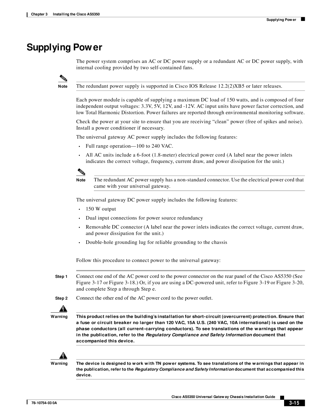 Cisco Systems AS5350 manual Supplying Power, Accompanied this device 