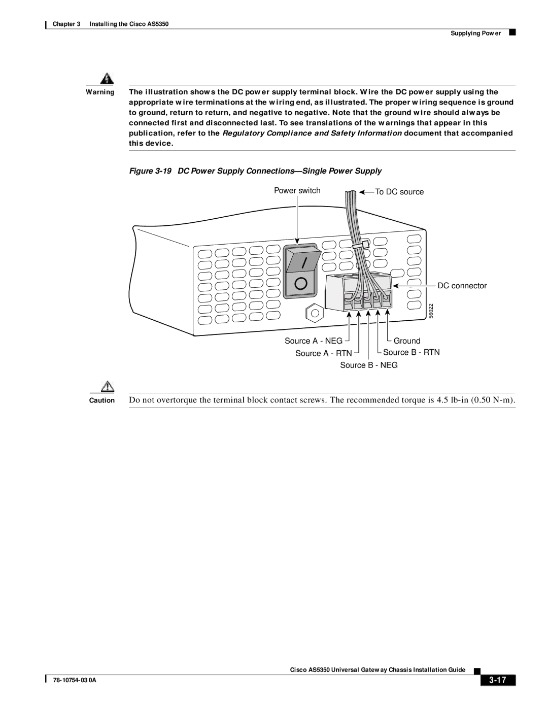 Cisco Systems AS5350 manual DC Power Supply Connections-Single Power Supply 