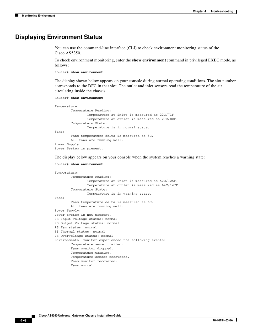 Cisco Systems AS5350 manual Displaying Environment Status 