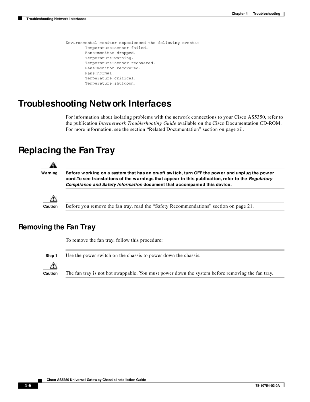 Cisco Systems AS5350 manual Troubleshooting Network Interfaces, Replacing the Fan Tray, Removing the Fan Tray 