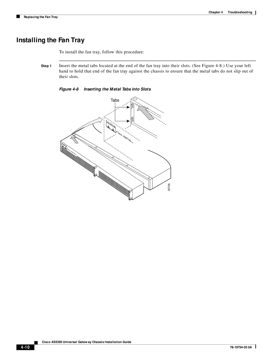 Cisco Systems AS5350 manual Installing the Fan Tray, Inserting the Metal Tabs into Slots 