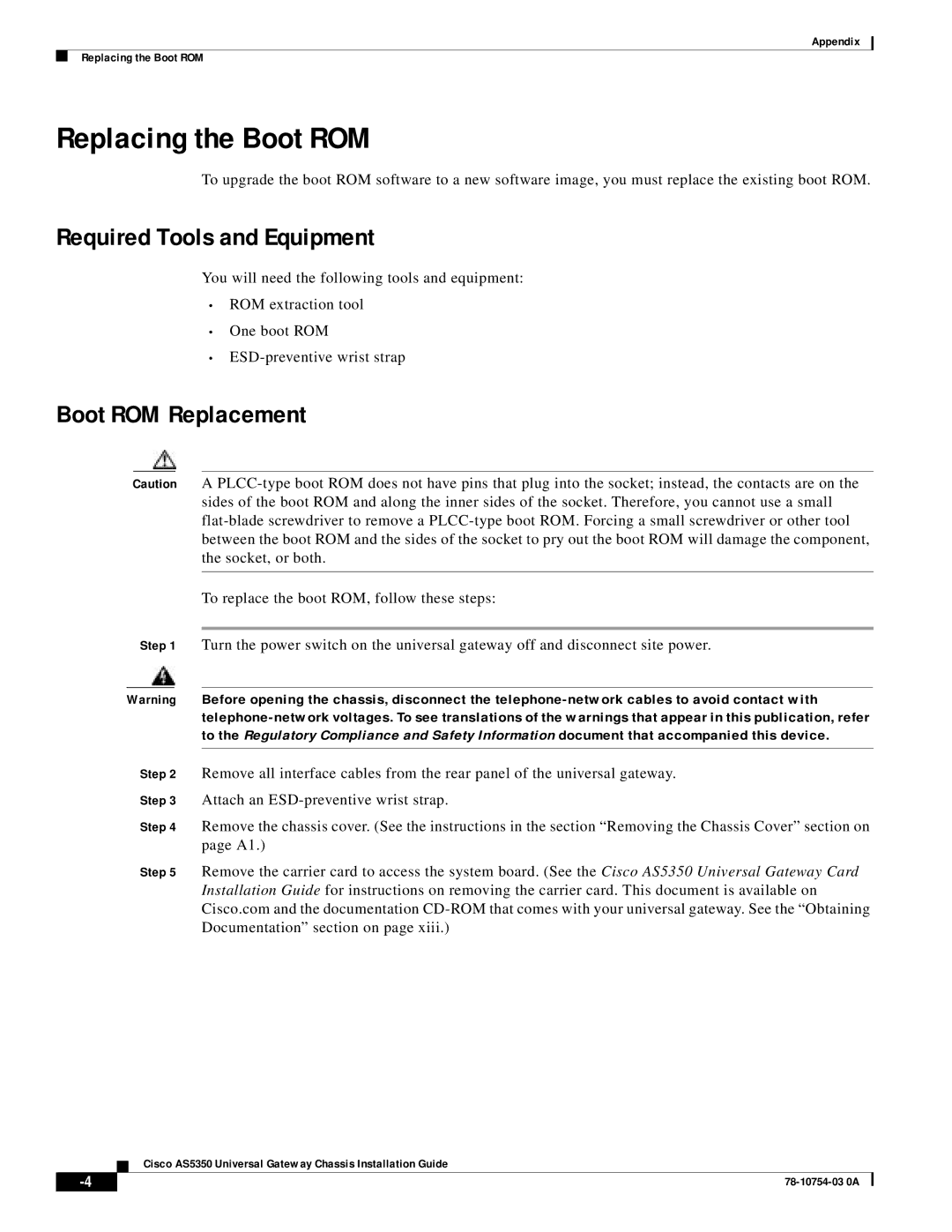 Cisco Systems AS5350 manual Replacing the Boot ROM, Required Tools and Equipment, Boot ROM Replacement 