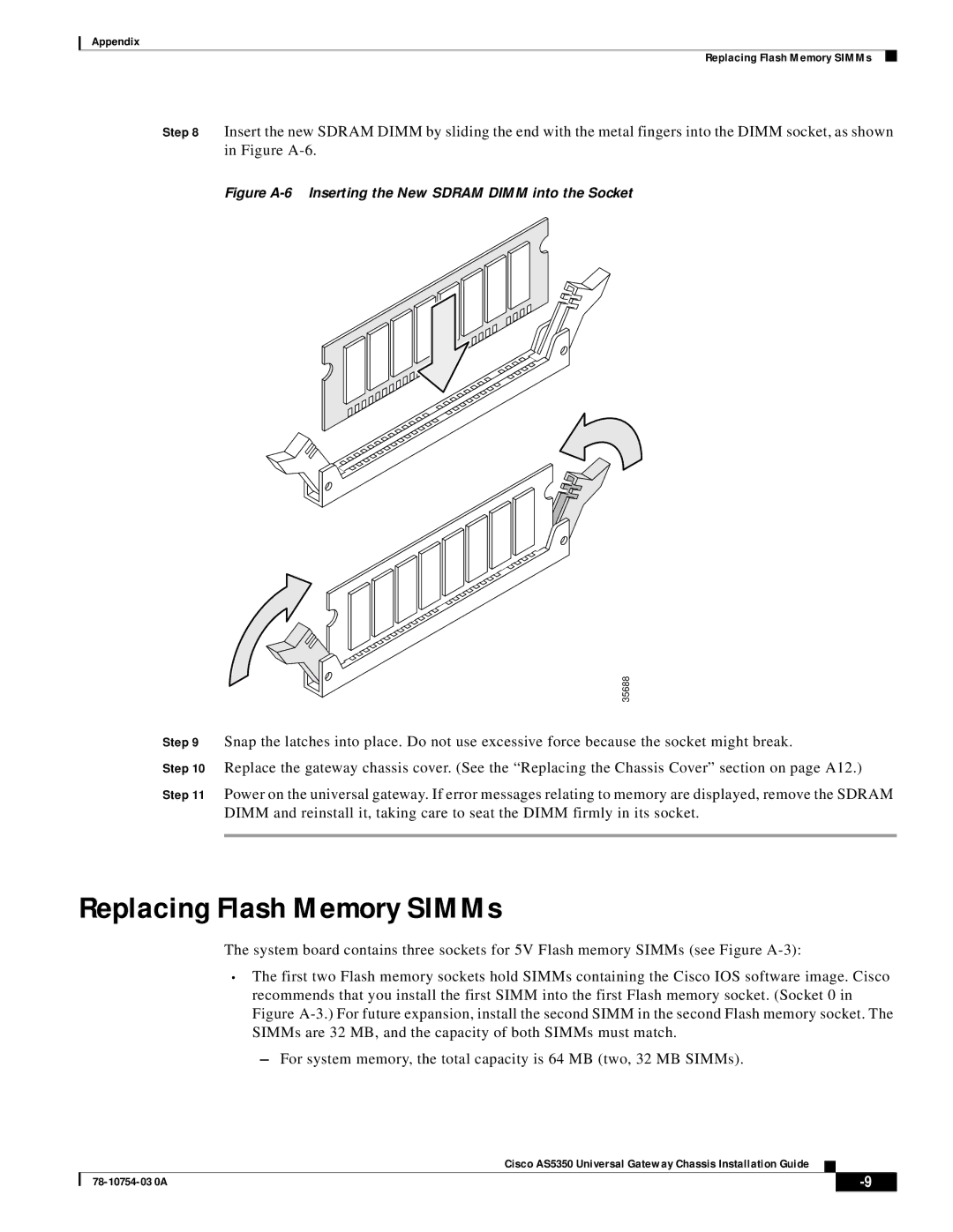 Cisco Systems AS5350 manual Replacing Flash Memory SIMMs, Figure A-6 Inserting the New Sdram Dimm into the Socket 