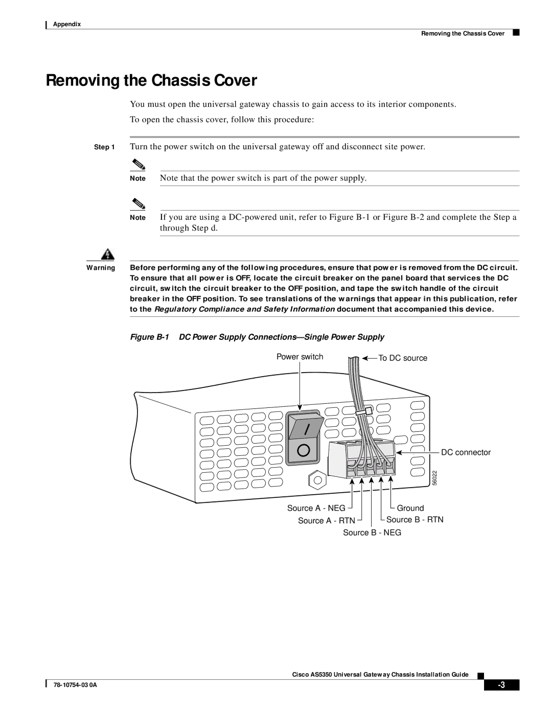 Cisco Systems AS5350 manual Figure B-1 DC Power Supply Connections-Single Power Supply 