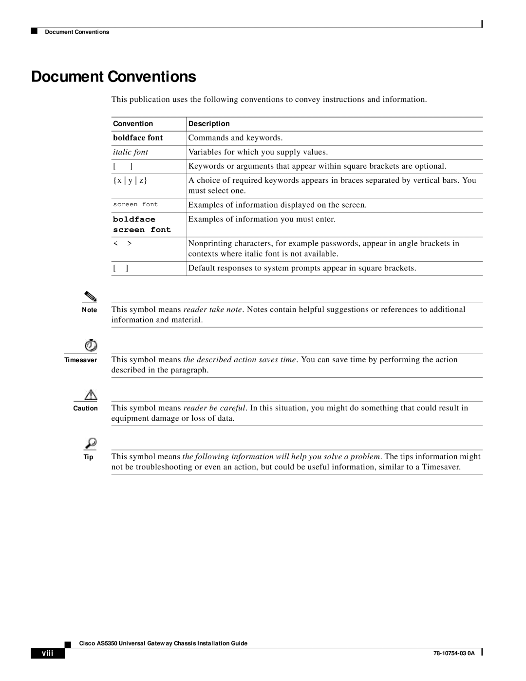 Cisco Systems AS5350 manual Document Conventions, Viii 