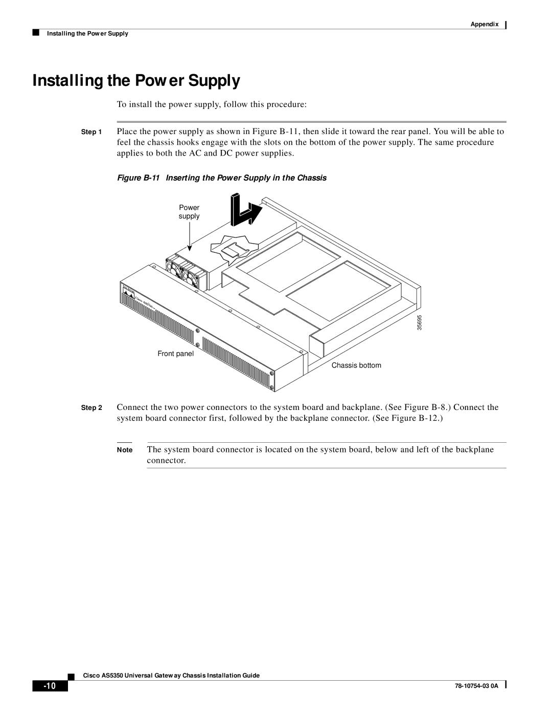 Cisco Systems AS5350 manual Installing the Power Supply, Figure B-11 Inserting the Power Supply in the Chassis 