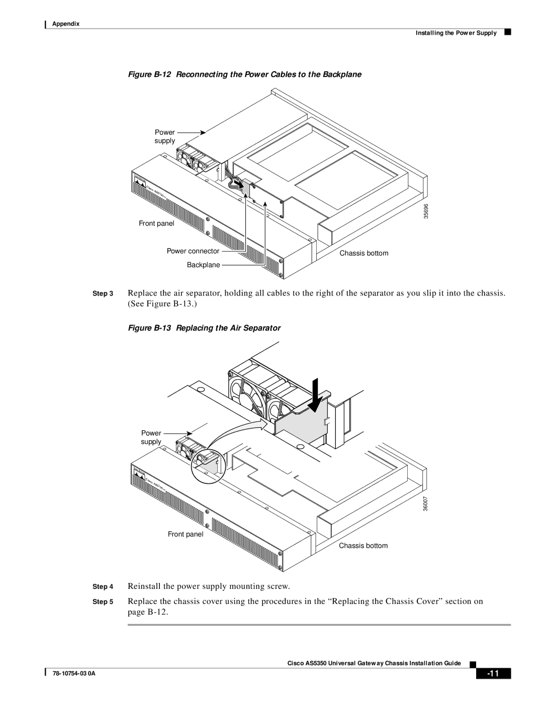 Cisco Systems AS5350 manual Figure B-12 Reconnecting the Power Cables to the Backplane 