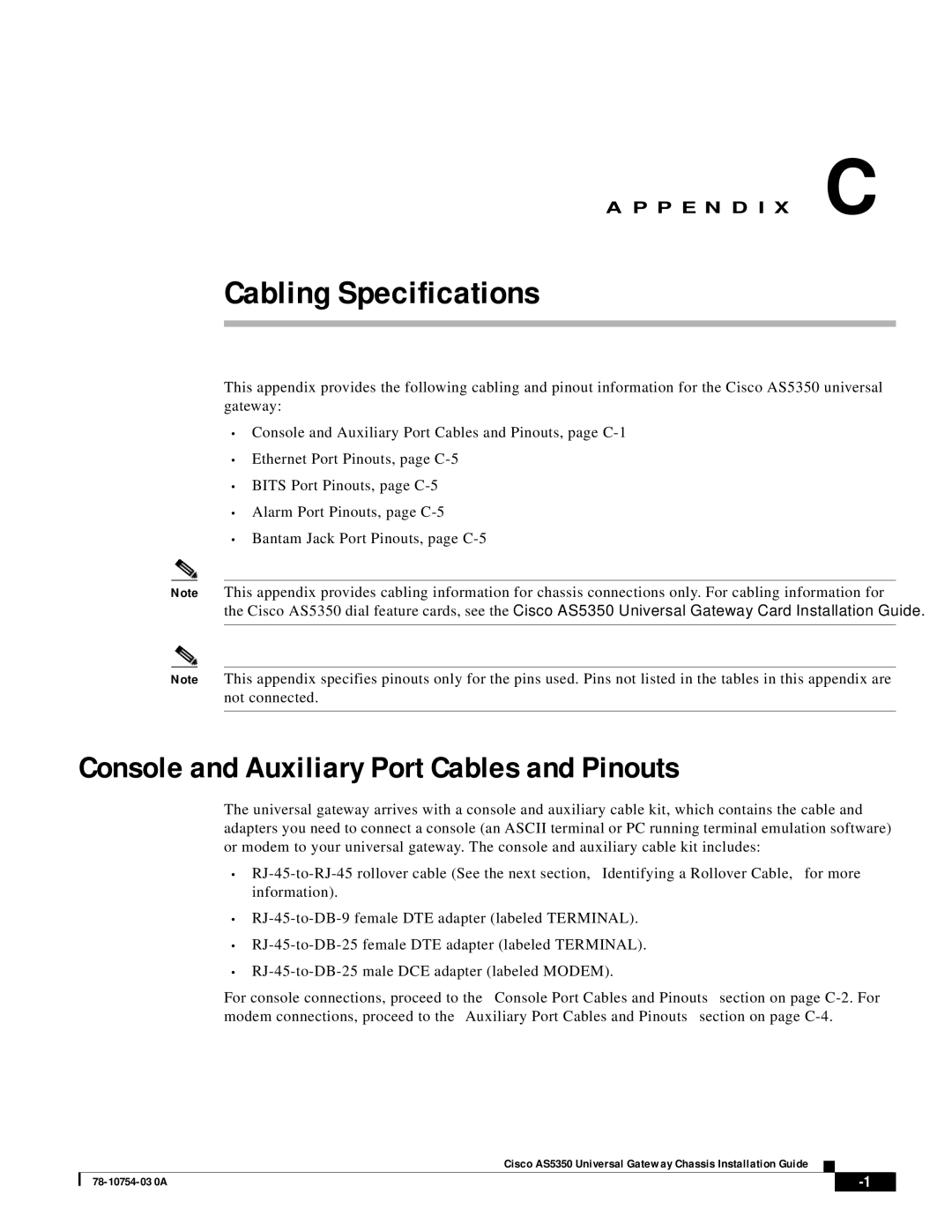 Cisco Systems AS5350 manual Cabling Specifications, Console and Auxiliary Port Cables and Pinouts 