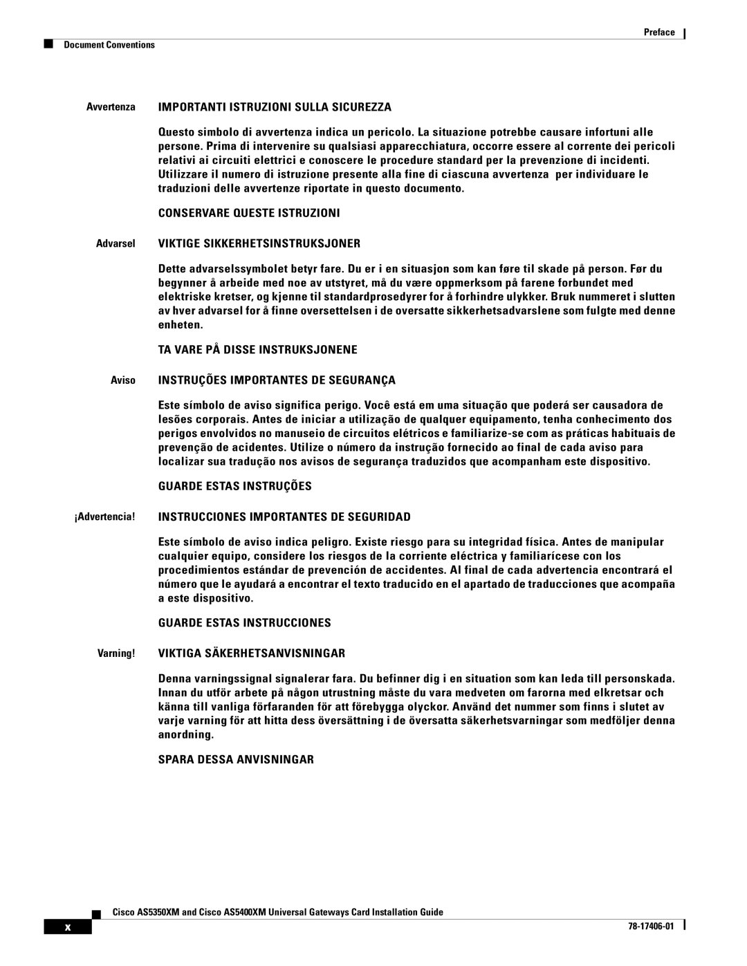 Cisco Systems AS5350XM manual Avvertenza Importanti Istruzioni Sulla Sicurezza, Aviso Instruções Importantes DE Segurança 