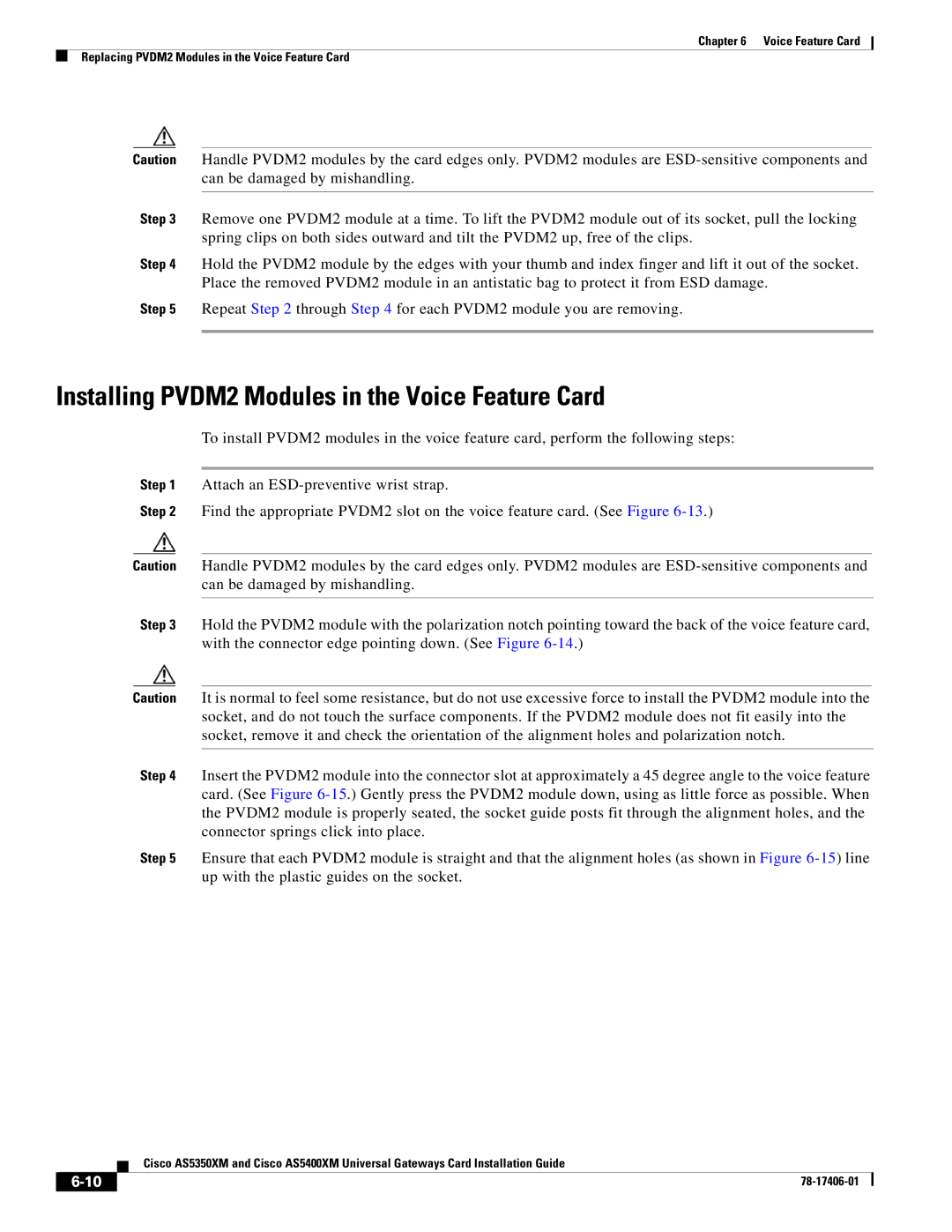 Cisco Systems AS5350XM, AS5400XM manual Installing PVDM2 Modules in the Voice Feature Card 