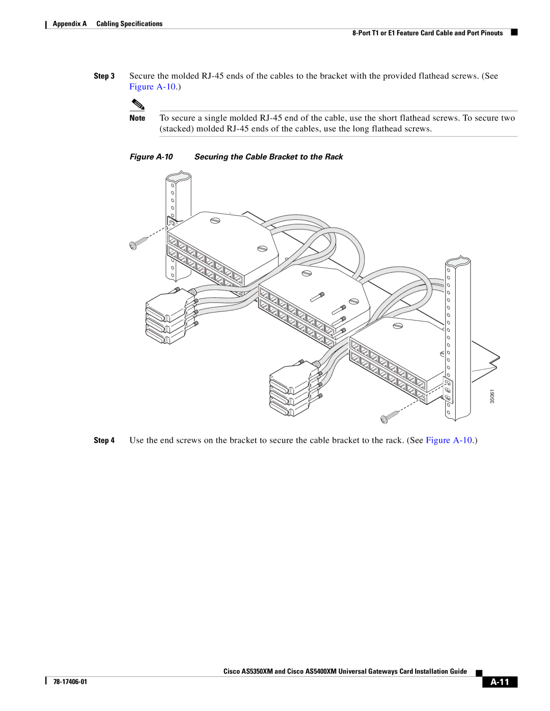 Cisco Systems AS5400XM, AS5350XM manual Figure A-10 Securing the Cable Bracket to the Rack 