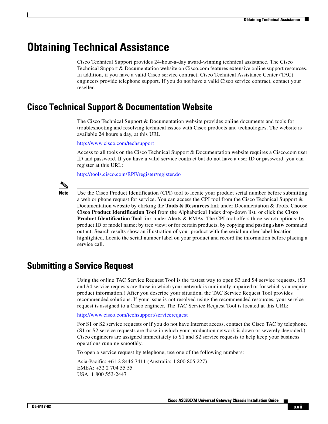 Cisco Systems AS5350XM manual Obtaining Technical Assistance, Cisco Technical Support & Documentation Website, xvii 