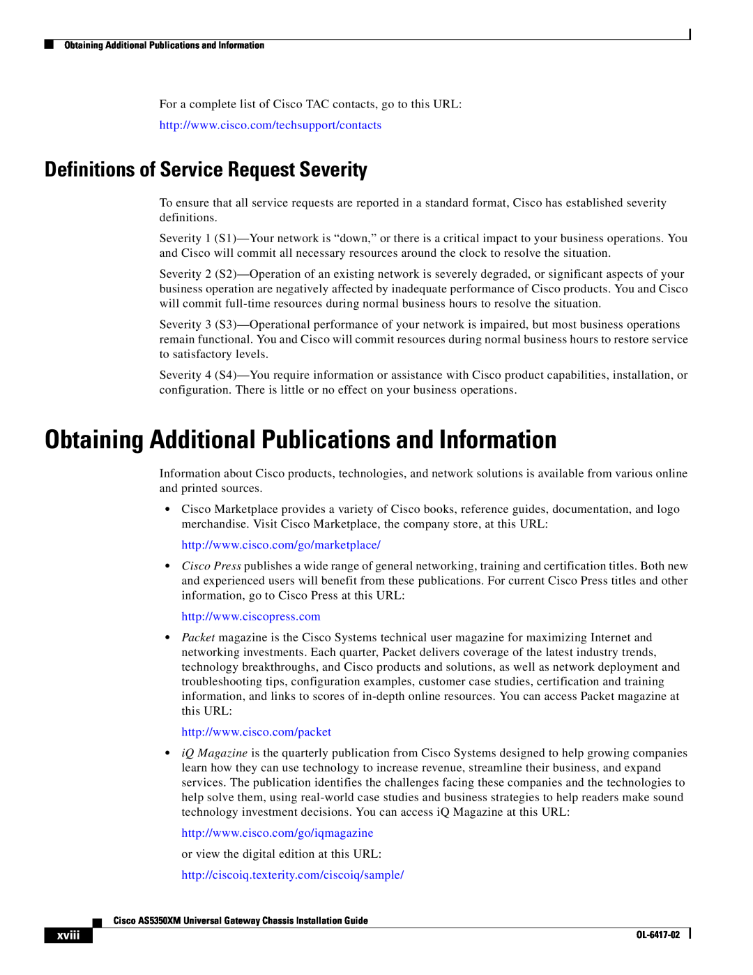 Cisco Systems AS5350XM Obtaining Additional Publications and Information, Definitions of Service Request Severity, xviii 