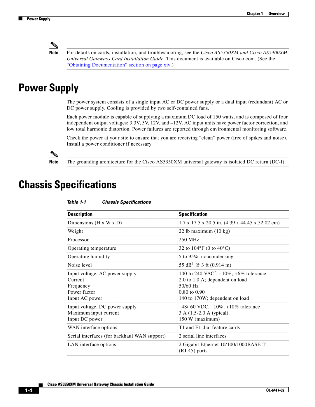 Cisco Systems AS5350XM manual Power Supply, Chassis Specifications 
