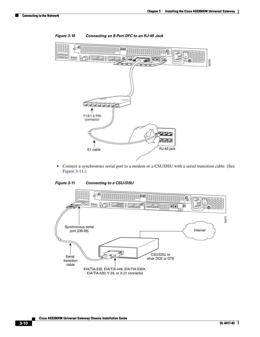Cisco Systems AS5350XM manual 3-10, 10 Connecting an 8-Port DFC to an RJ-45 Jack, 11 Connecting to a CSU/DSU 