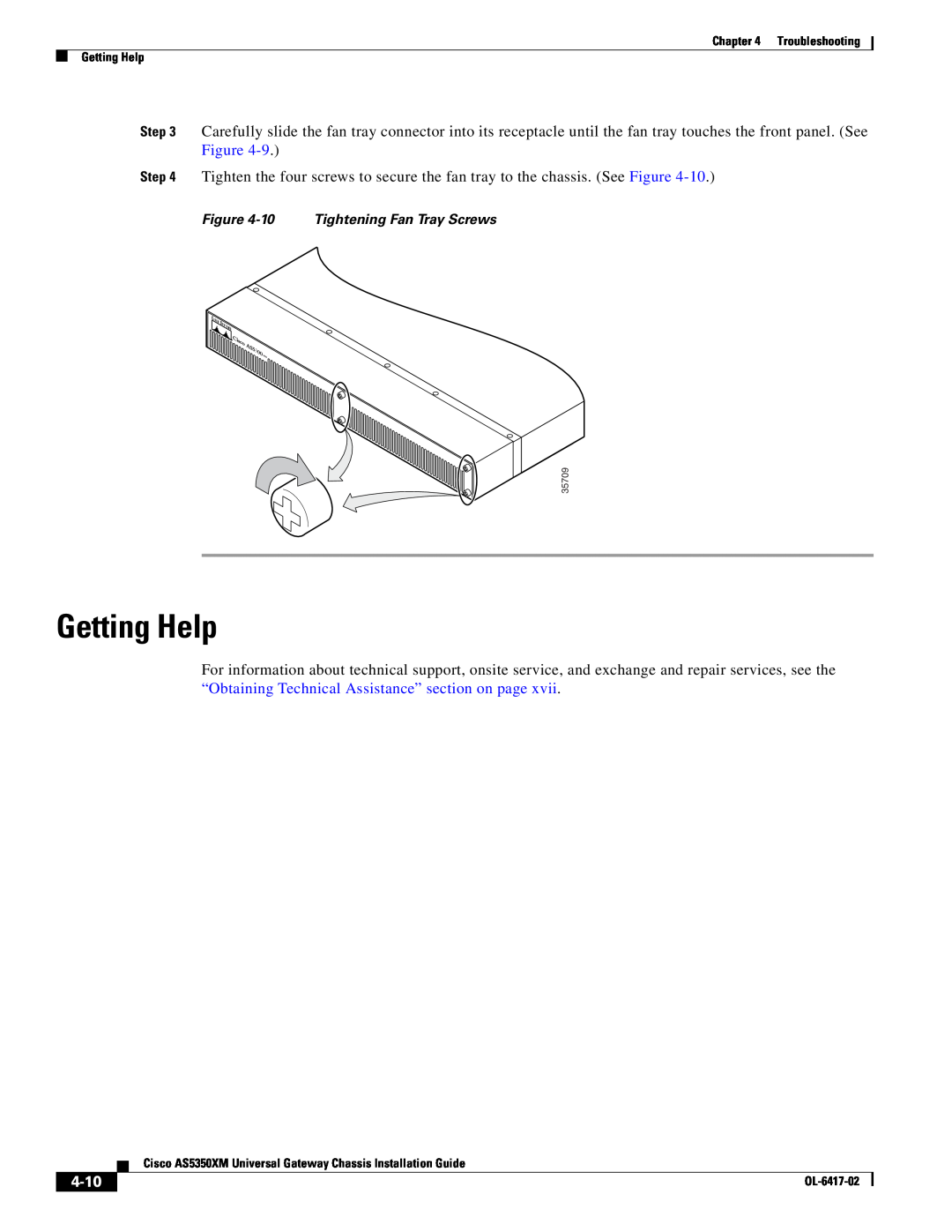 Cisco Systems AS5350XM manual Getting Help, 4-10, 10 Tightening Fan Tray Screws 