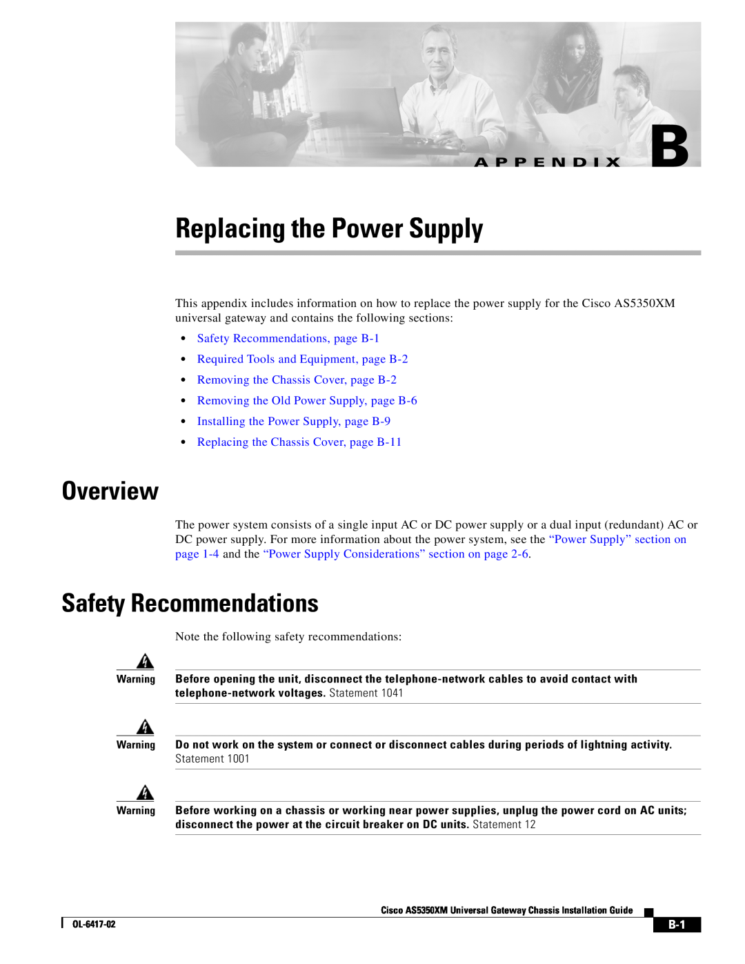 Cisco Systems AS5350XM manual Replacing the Power Supply, Overview, A P P E N D I X B, Safety Recommendations, page B-1 