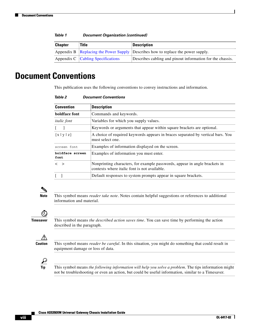 Cisco Systems AS5350XM manual Document Conventions, Replacing the Power Supply, Cabling Specifications, italic font, viii 