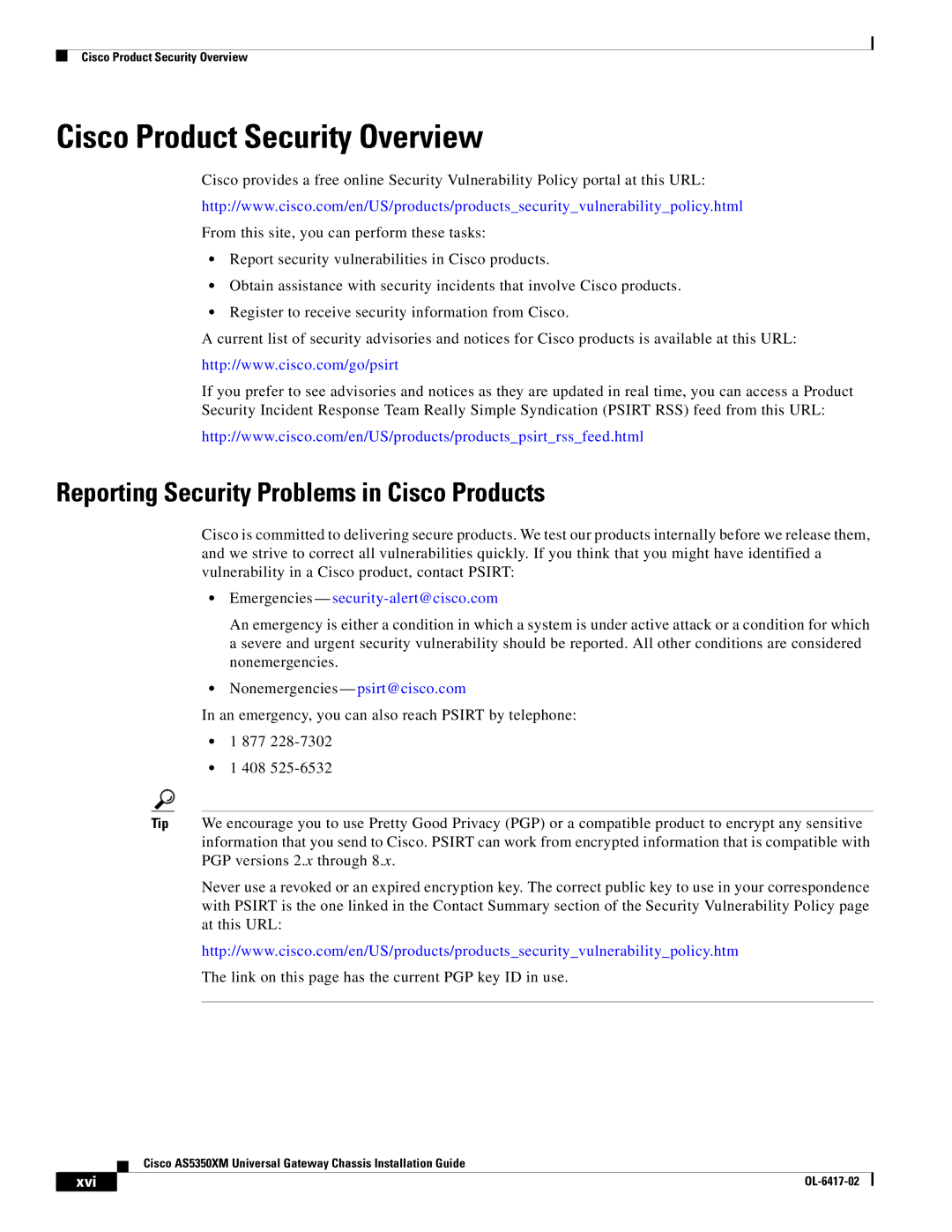 Cisco Systems AS5350XM manual Cisco Product Security Overview, Reporting Security Problems in Cisco Products, Xvi 