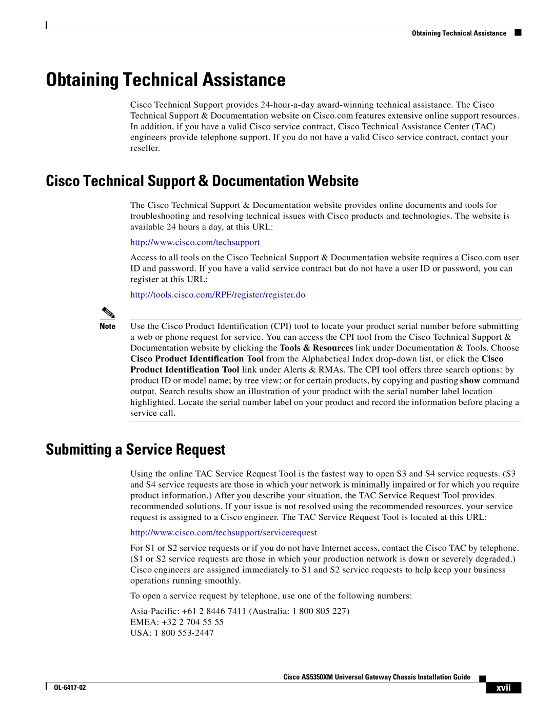 Cisco Systems AS5350XM manual Obtaining Technical Assistance, Cisco Technical Support & Documentation Website, Xvii 