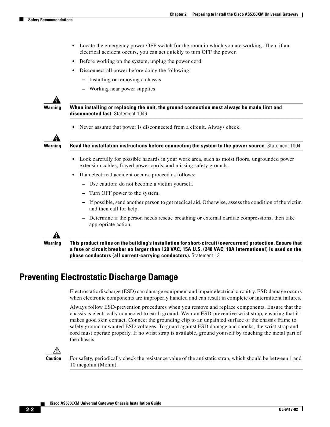 Cisco Systems AS5350XM manual Preventing Electrostatic Discharge Damage 