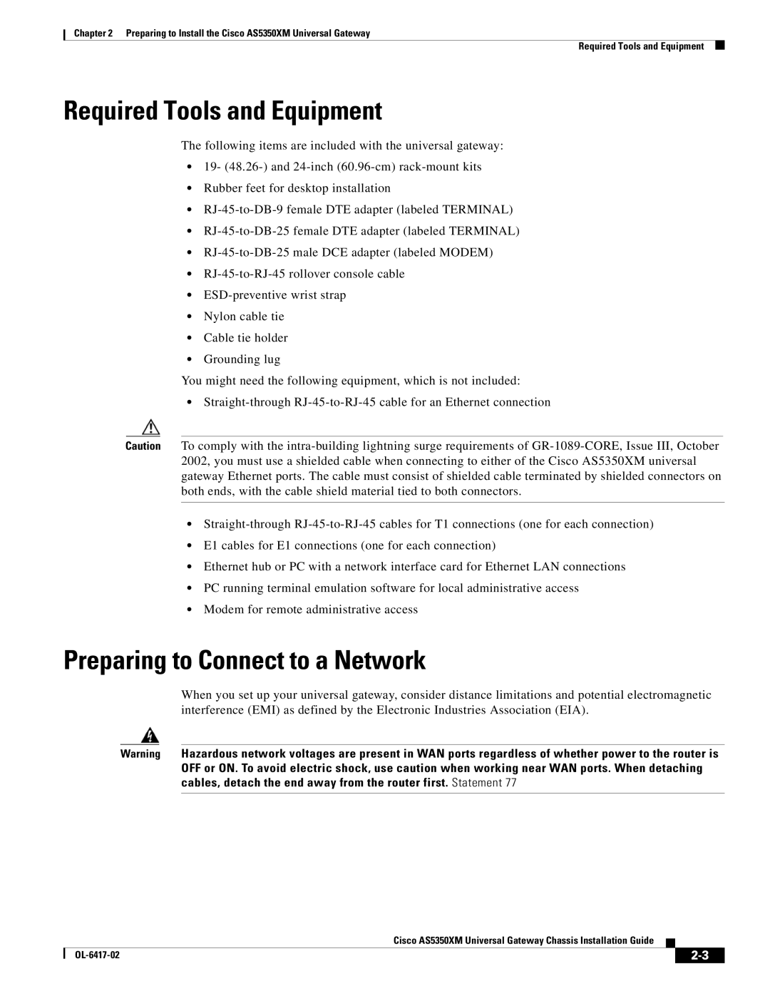 Cisco Systems AS5350XM manual Required Tools and Equipment, Preparing to Connect to a Network 