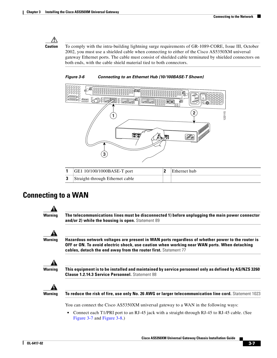 Cisco Systems AS5350XM manual Connecting to a WAN, Connecting to an Ethernet Hub 10/100BASE-T Shown 