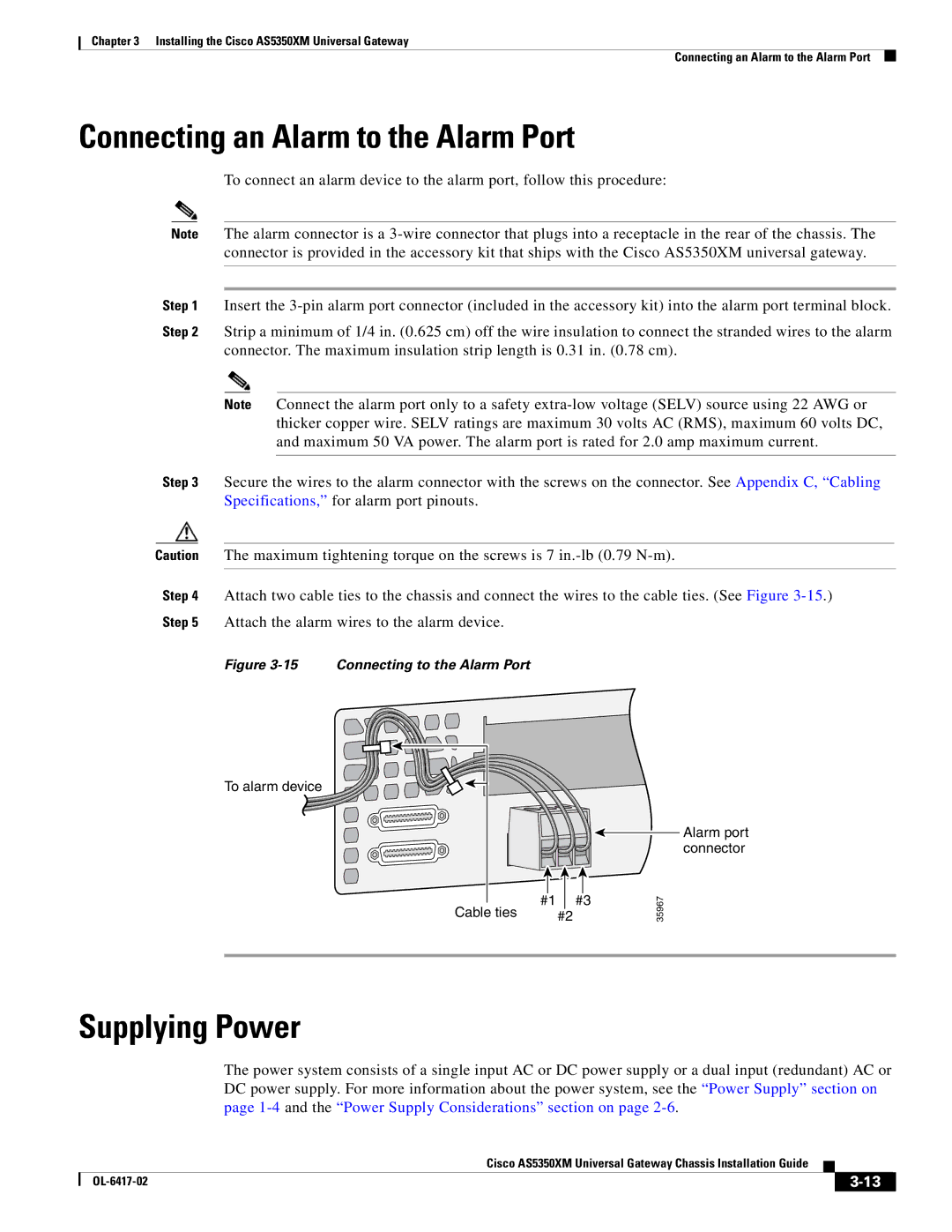 Cisco Systems AS5350XM manual Connecting an Alarm to the Alarm Port, Supplying Power 