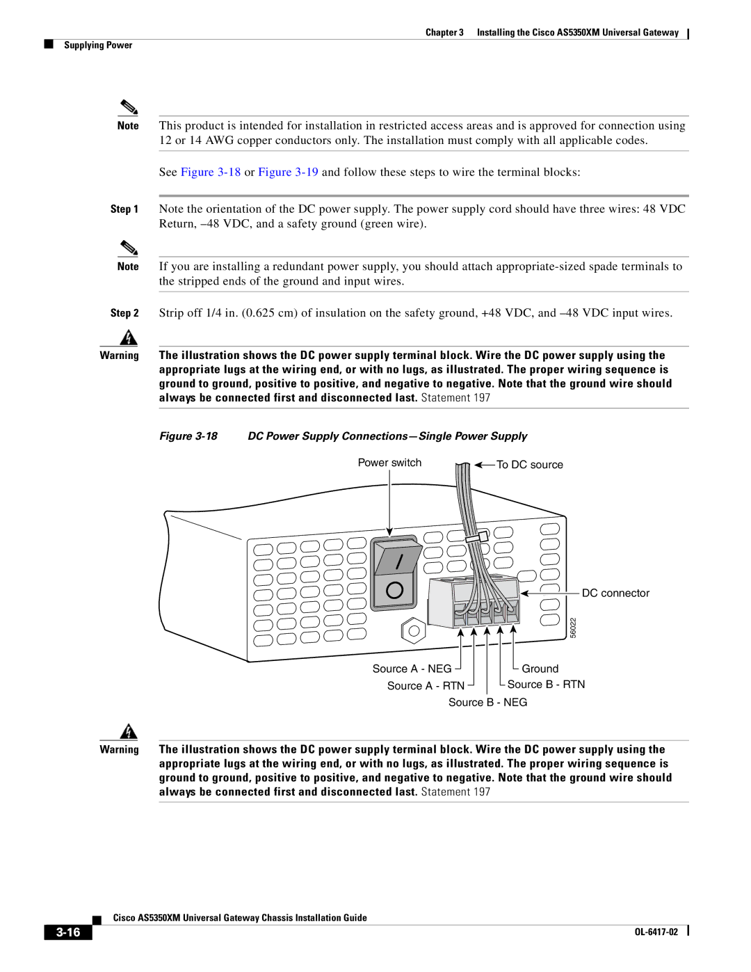 Cisco Systems AS5350XM manual DC Power Supply Connections-Single Power Supply 