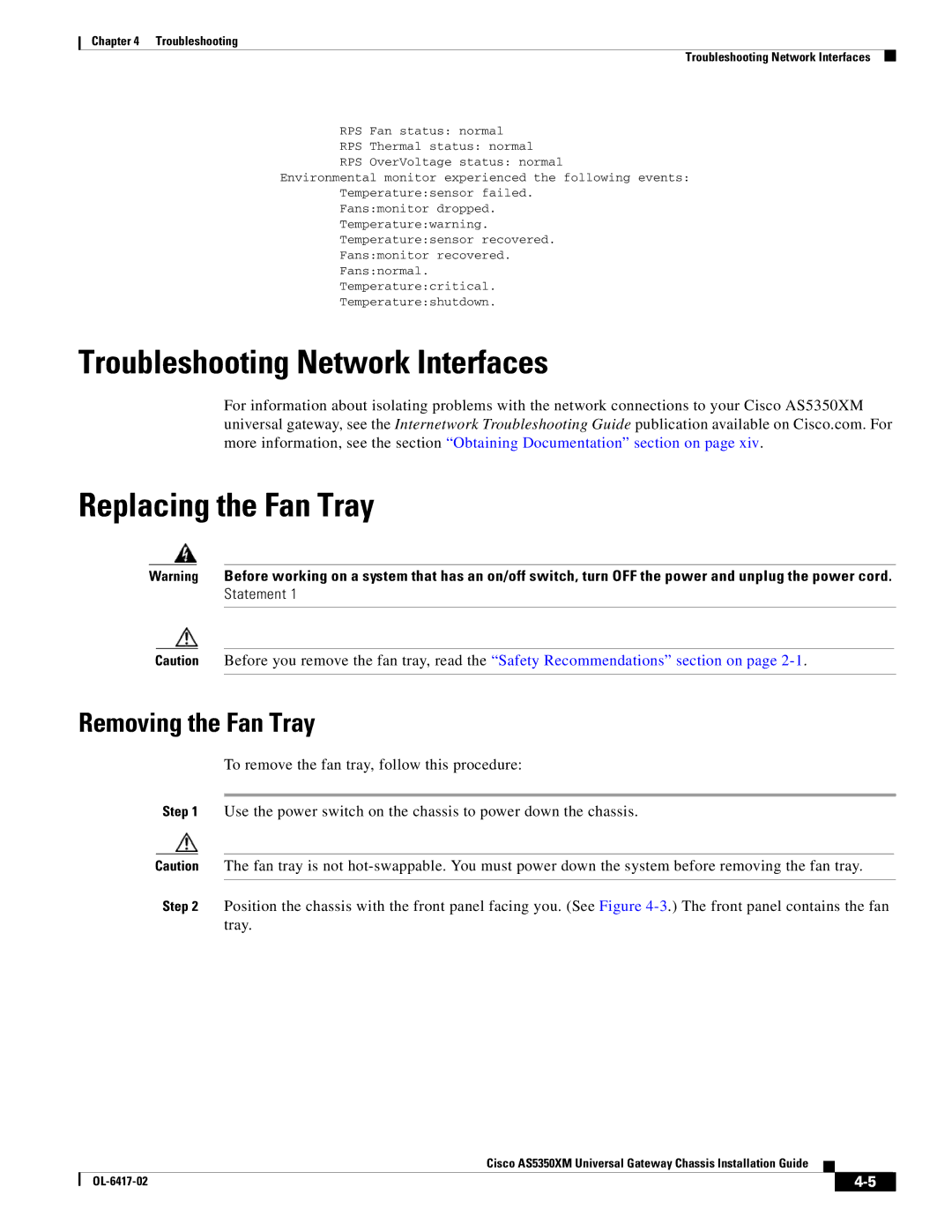 Cisco Systems AS5350XM manual Troubleshooting Network Interfaces, Replacing the Fan Tray, Removing the Fan Tray 