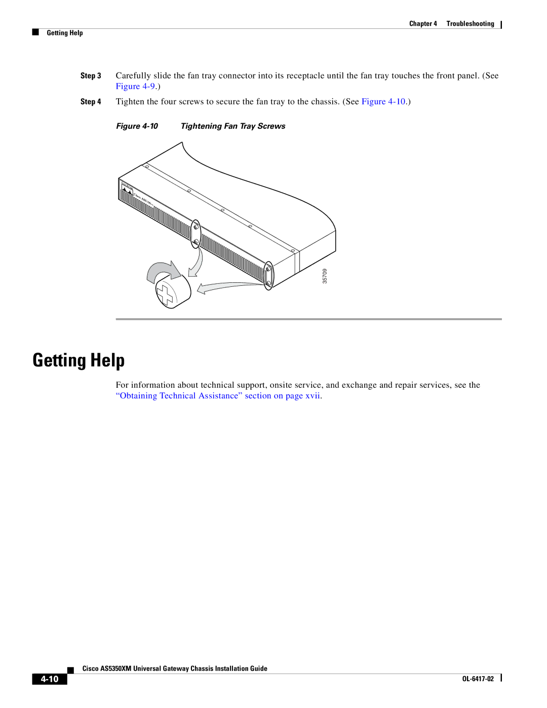 Cisco Systems AS5350XM manual Getting Help, Tightening Fan Tray Screws 