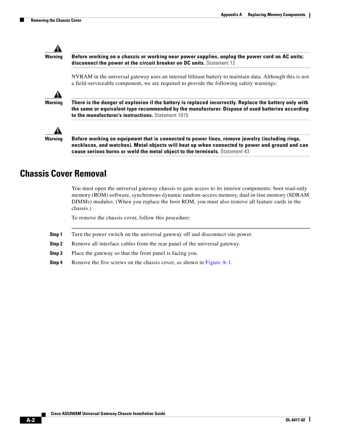 Cisco Systems AS5350XM manual Chassis Cover Removal 