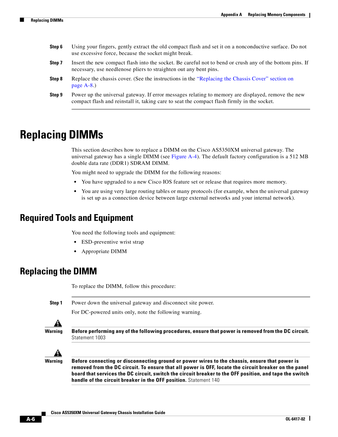 Cisco Systems AS5350XM manual Replacing DIMMs, Required Tools and Equipment, Replacing the Dimm 