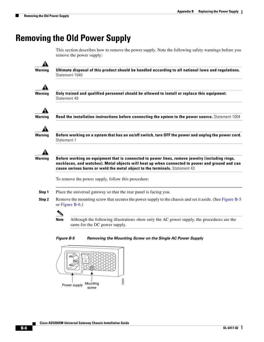 Cisco Systems AS5350XM manual Removing the Old Power Supply 