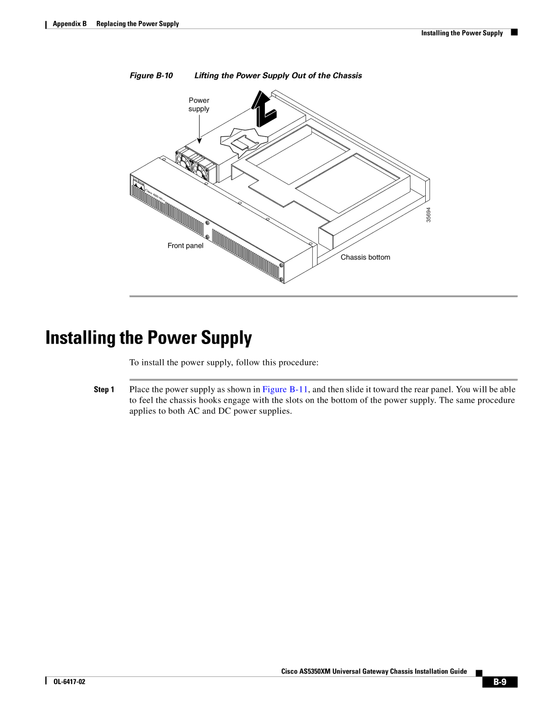 Cisco Systems AS5350XM manual Installing the Power Supply, Figure B-10 Lifting the Power Supply Out of the Chassis 