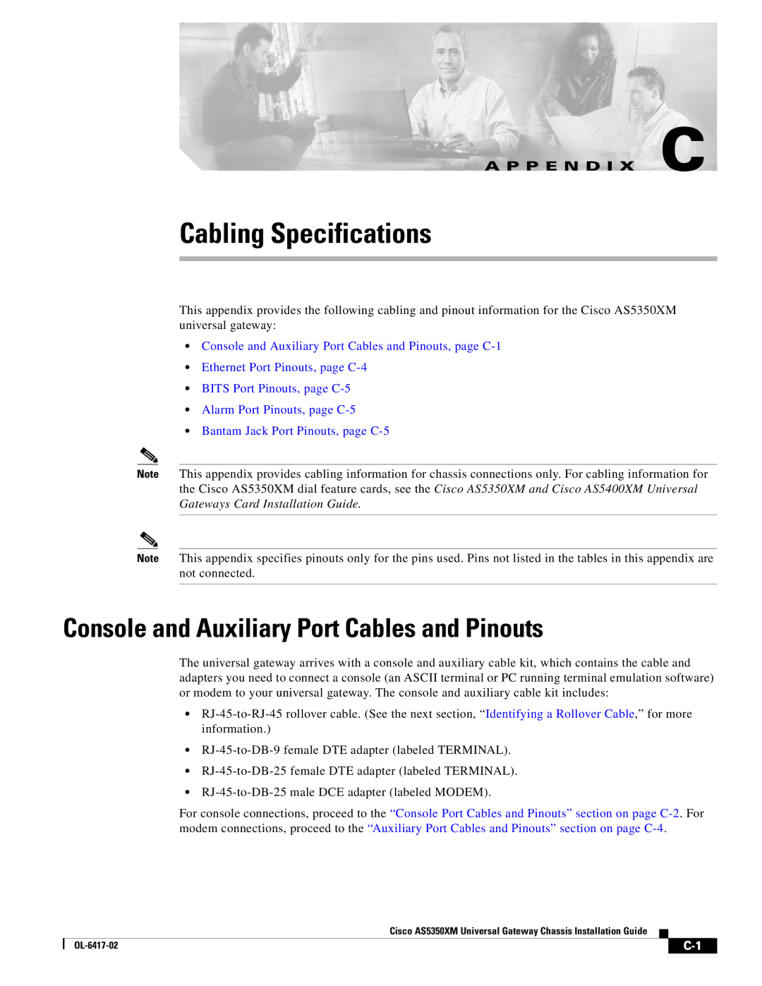 Cisco Systems AS5350XM manual Cabling Specifications, Console and Auxiliary Port Cables and Pinouts 