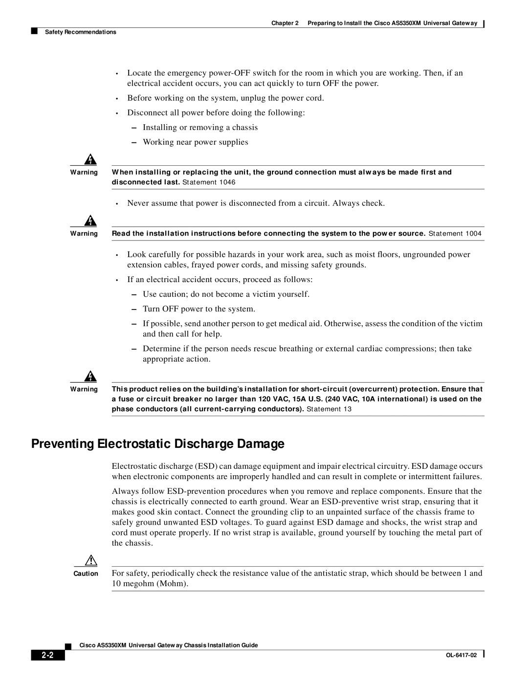 Cisco Systems AS5350XM manual Preventing Electrostatic Discharge Damage 