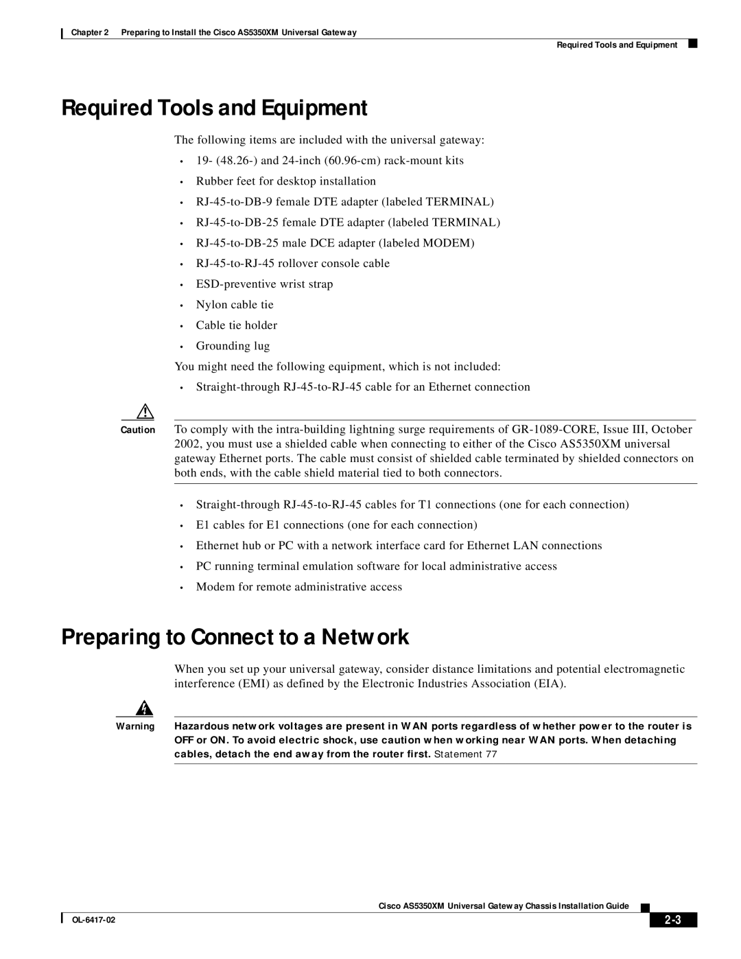 Cisco Systems AS5350XM manual Required Tools and Equipment, Preparing to Connect to a Network 