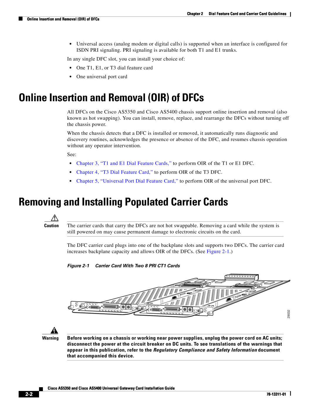 Cisco Systems AS5400, AS5350 Online Insertion and Removal OIR of DFCs, Removing and Installing Populated Carrier Cards 